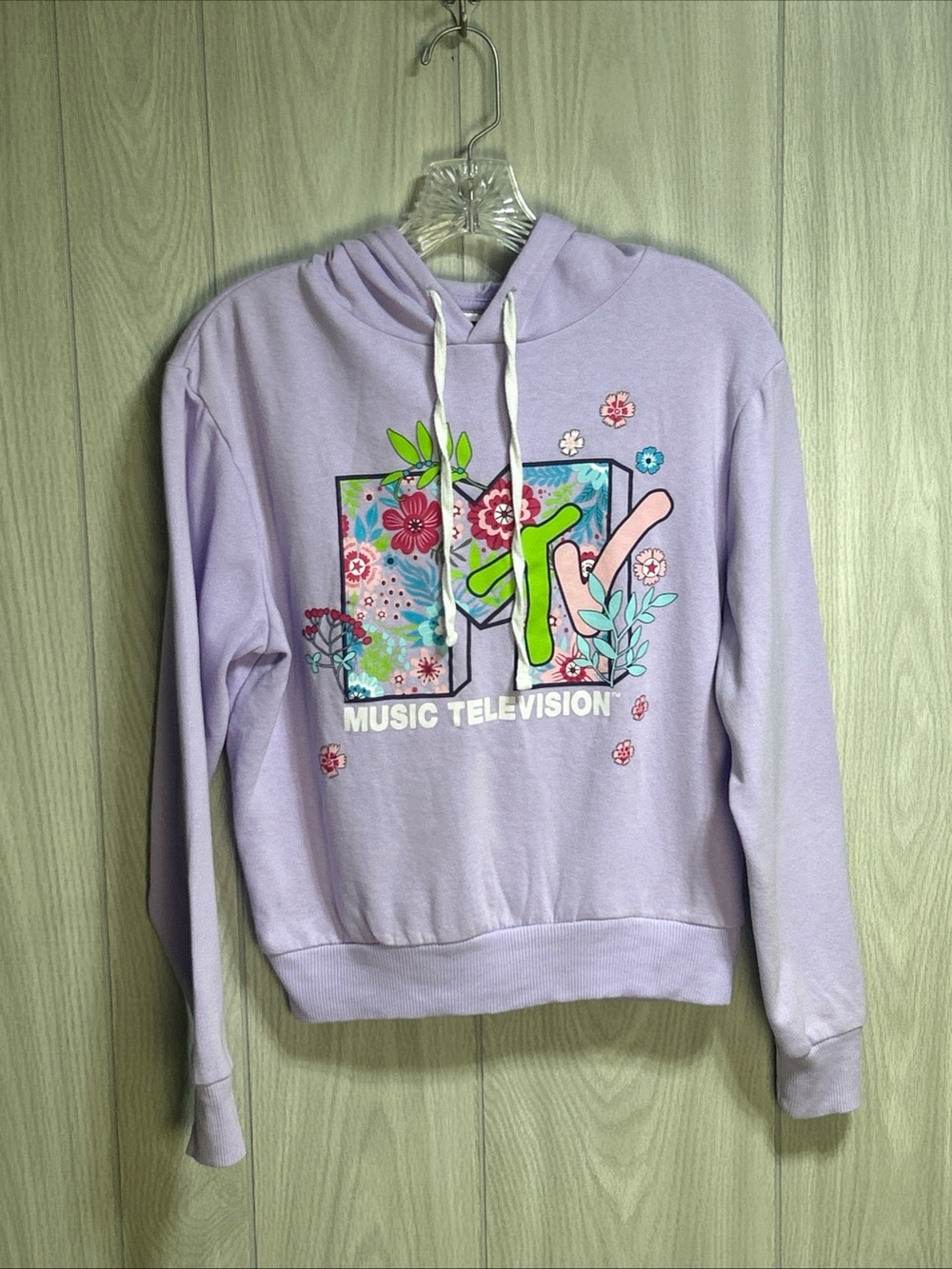 MTV Floral Logo Long Sleeve Hoodie Lavender Juniors Size Medium Casual